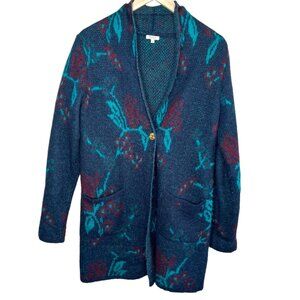 Vintage mohair Oriana Made In Italy Abstract Blue Knit Cardigan Sweater Small
